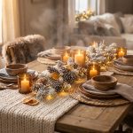 Warm winter dining table with natural decor: frosted pine cones, dried oranges, candles, and chunky knit runner, bathed in soft light.