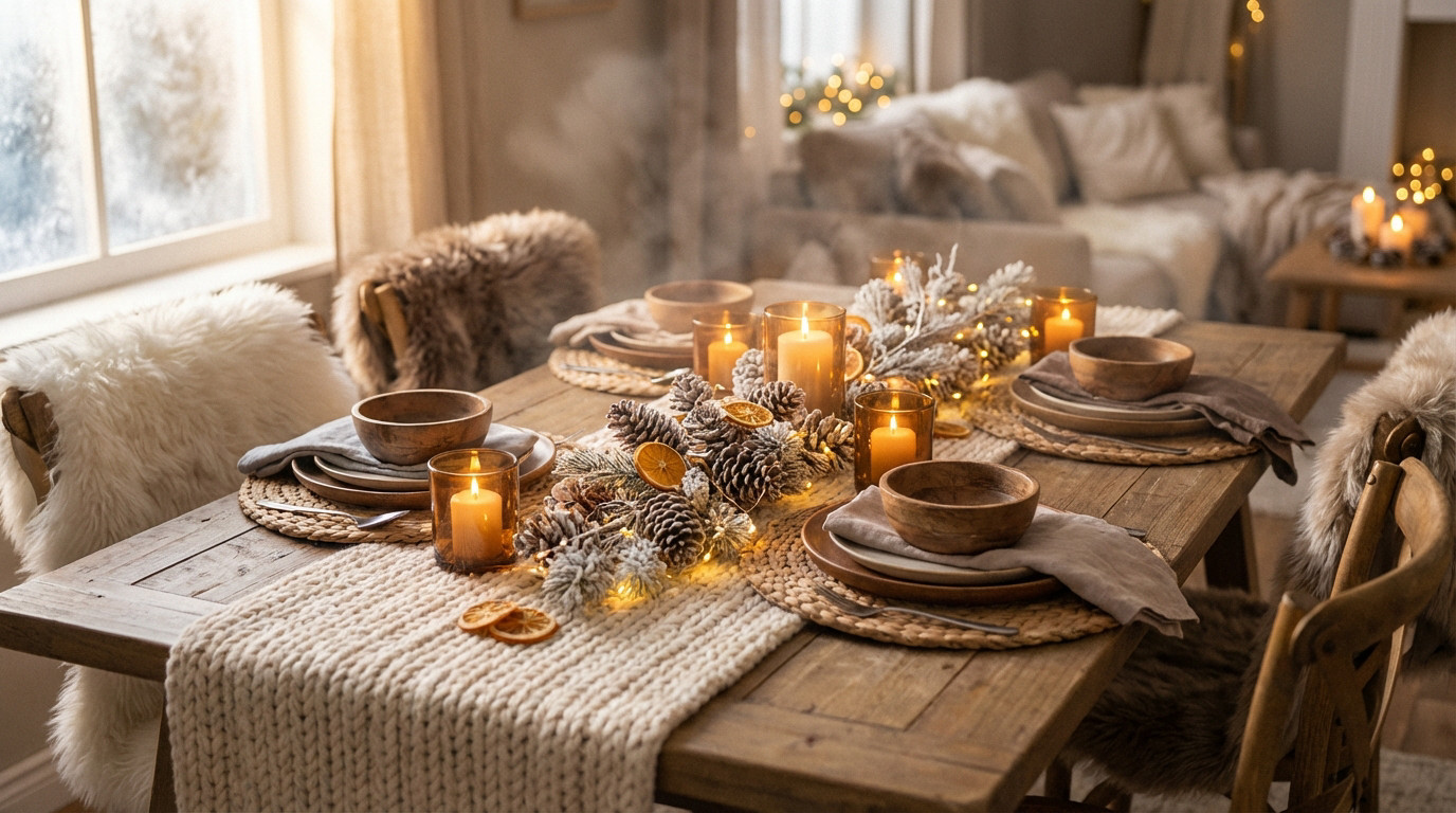 Warm winter dining table with natural decor: frosted pine cones, dried oranges, candles, and chunky knit runner, bathed in soft light.